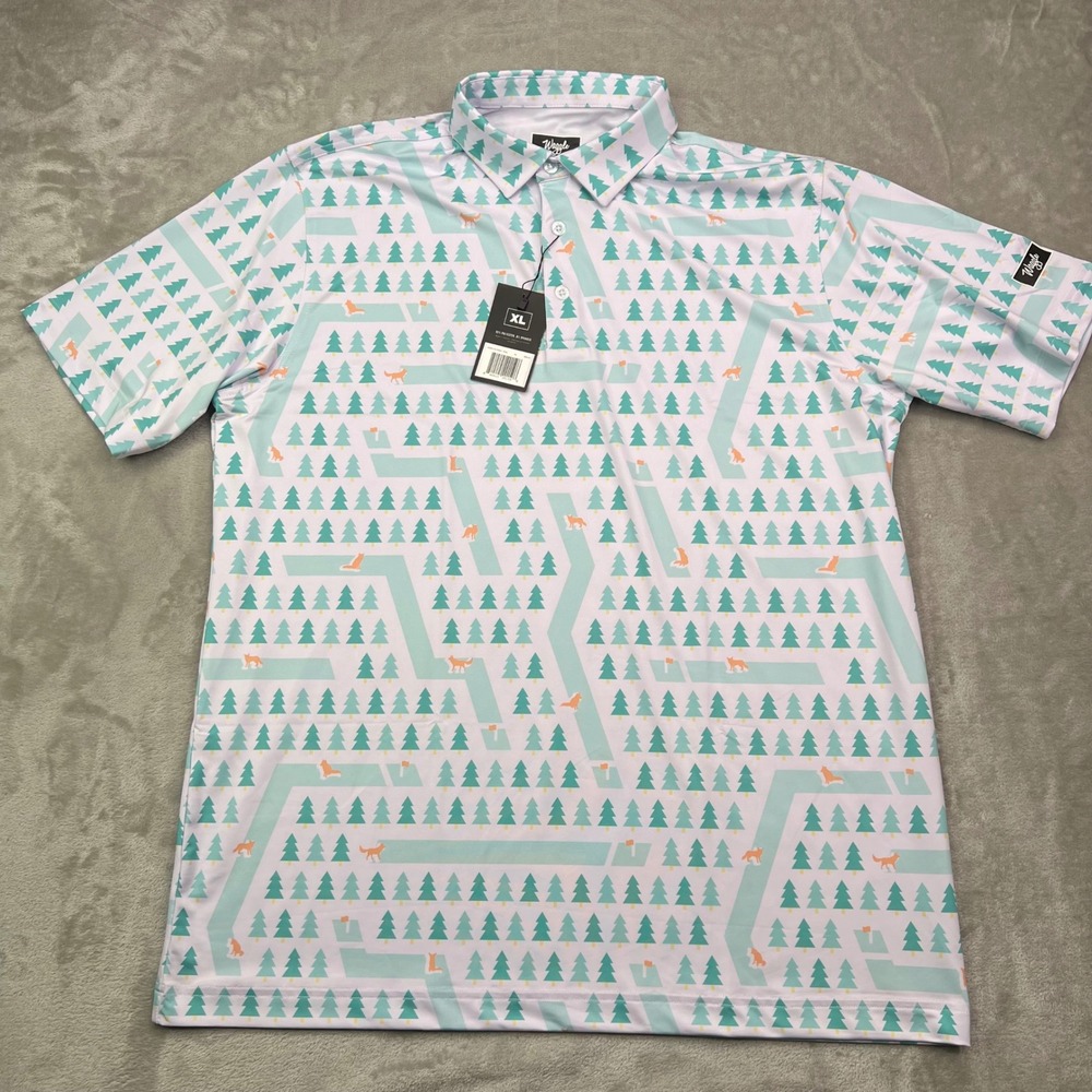 Waggle Fox Holes Polo Shirt Mens 2XL Mint Green Tree Pattern Performance Stretch - Picture 2 of 9